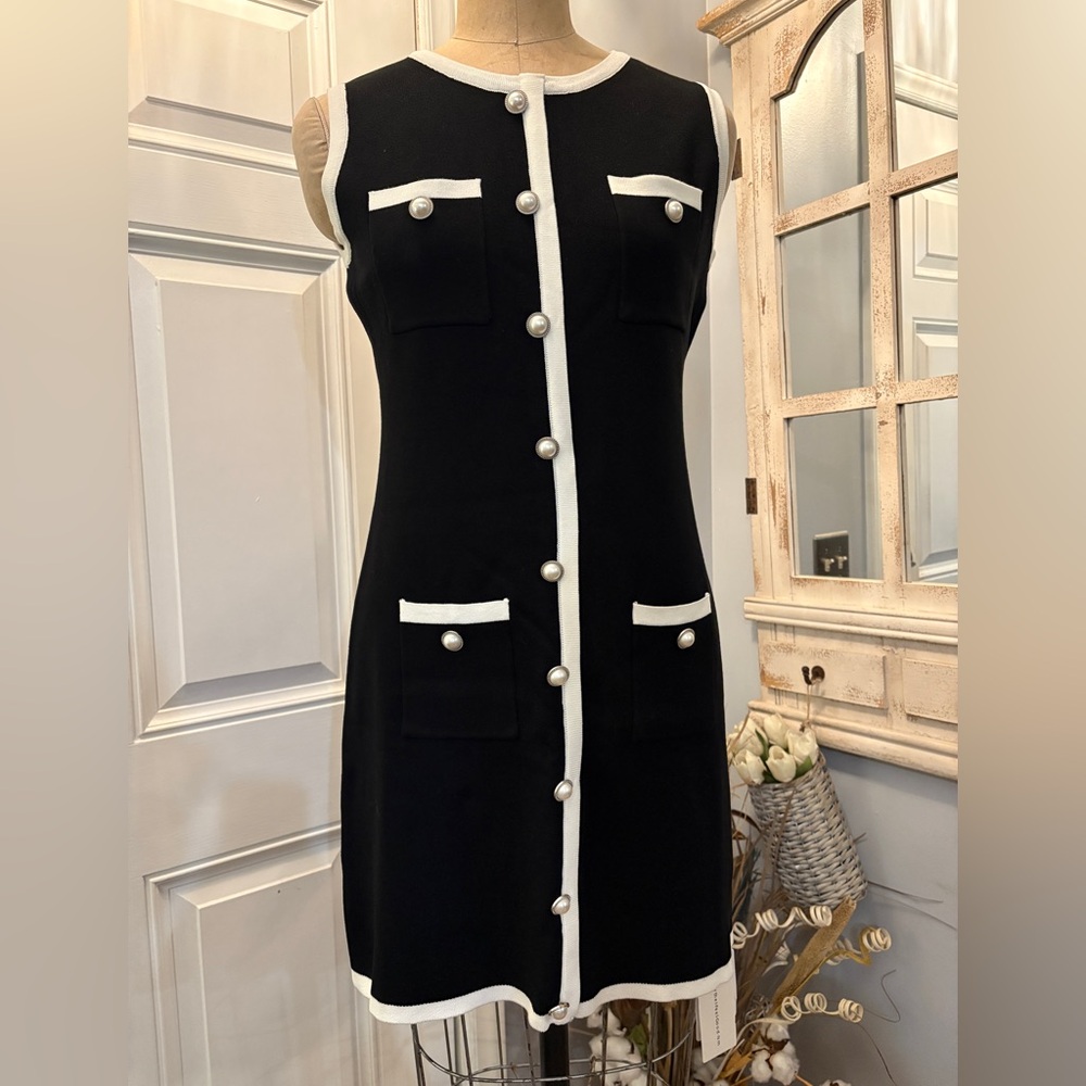 Commense Sleeveless Black and White Faux Pearl-Trim Chanel Style MIDI Dress L